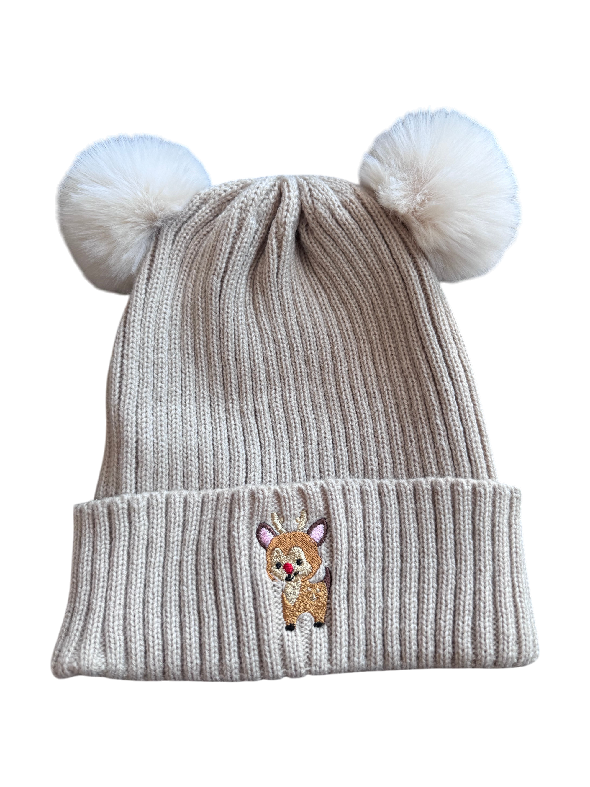 Mütze mit zwei Bommel und Rentier Beige