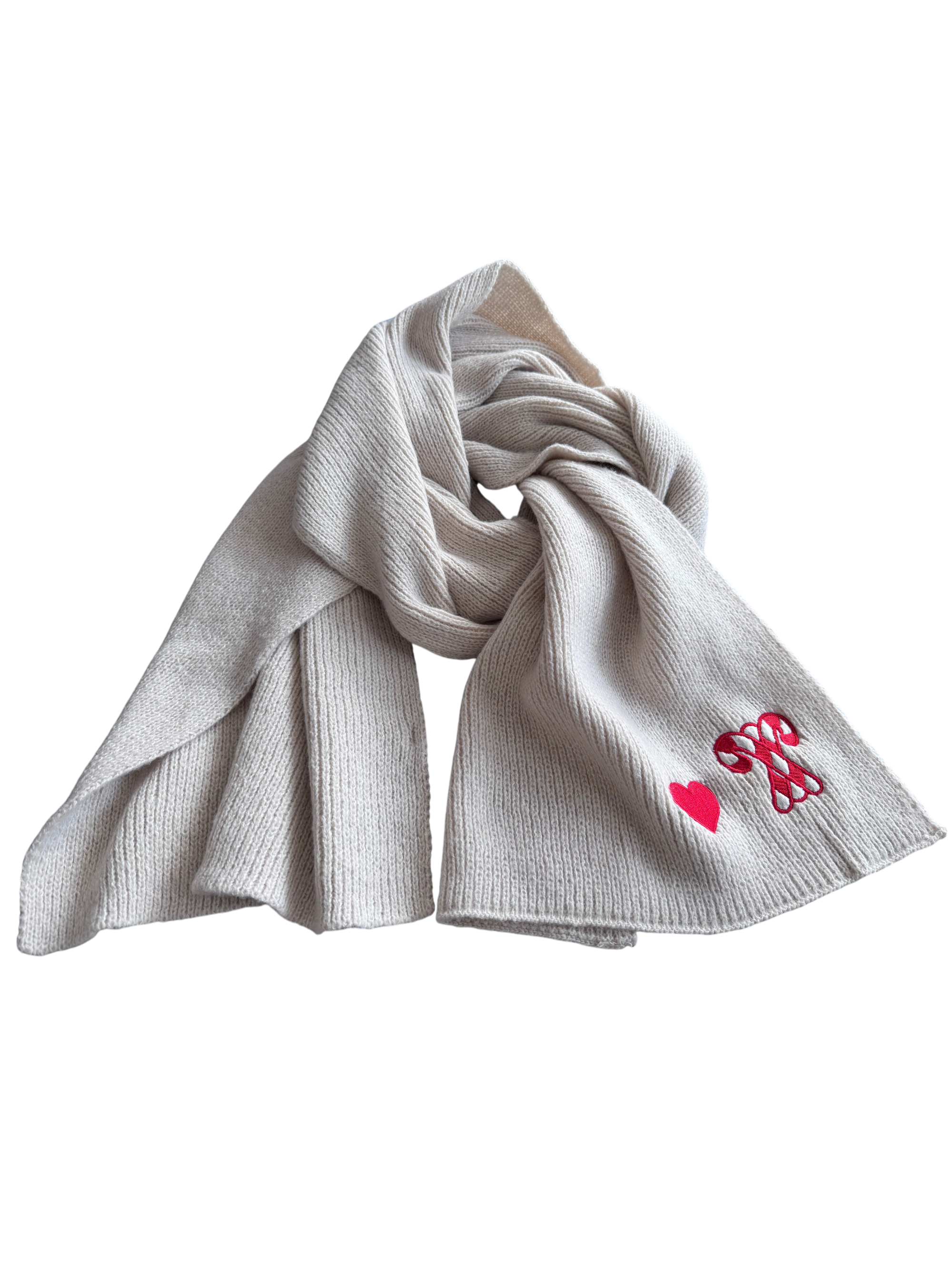 Schal Beige mit Herz und Zuckerstange in Rot