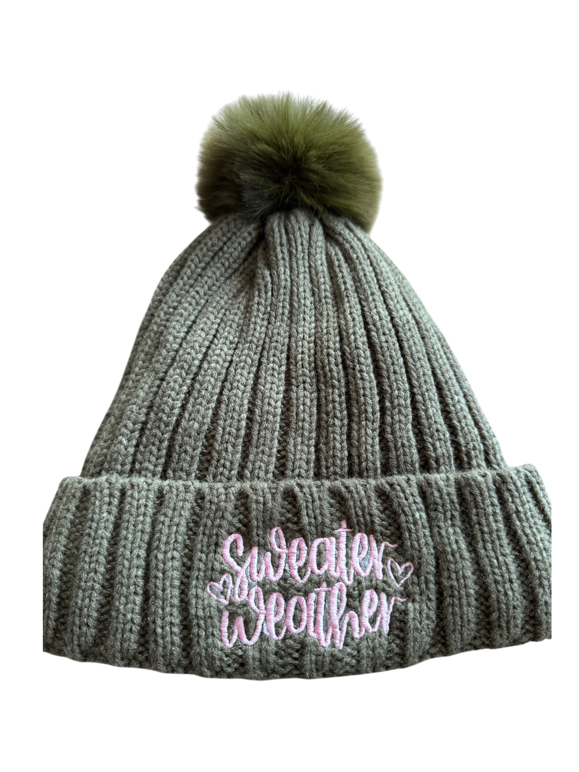 Mütze Olivgrün mit Aufschrift "Sweater Weather" in Rosa